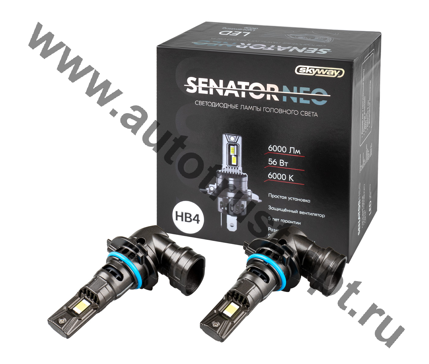 SKYWAY Автолампа диод HB4 (9006) P22d 12V 56W 6000Лм компакт+вентилятор SENATOR NEO 6000K,.комп.2 шт