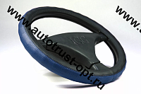 IGG Оплетка на руль 1021 (экокожа, черный+синяя перфорация с  отстрочкой (волна), М 37-39 см)