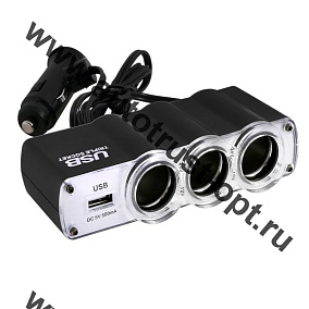 Разветвитель прикуривателя SKYWAY 3 гнезда+USB (черный, предохран. 5A, USB 500mA)