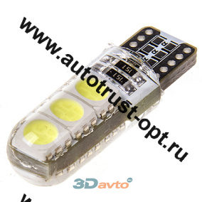KS Лампа светодиодная T10 12V W2,1-9,5d  6 SMD 5050 диодов,  б/ц  белая, силикон
