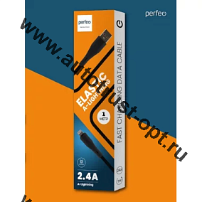 PERFEO Кабель USB A вилка - Lightning вилка, 2.4A, черный, силикон, длина 1 м, ELASTIC  ( I4339 )