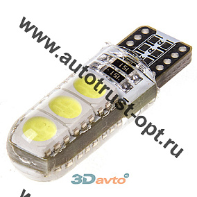 KS Лампа светодиодная T10 12V W2,1-9,5d  6 SMD 5050 диодов,  б/ц  белая, силикон