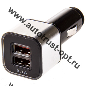 Зарядное уст-во (адаптер) SKYWAY 12V USBX2 (1.0+3.1A) черный/серебро в коробке 