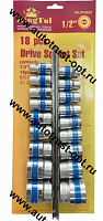KINGTUL Набор глубоких головок 18пр. 1/2" (12-ти гран.,8-32мм) на метал. планке в блистере (KT-3033)